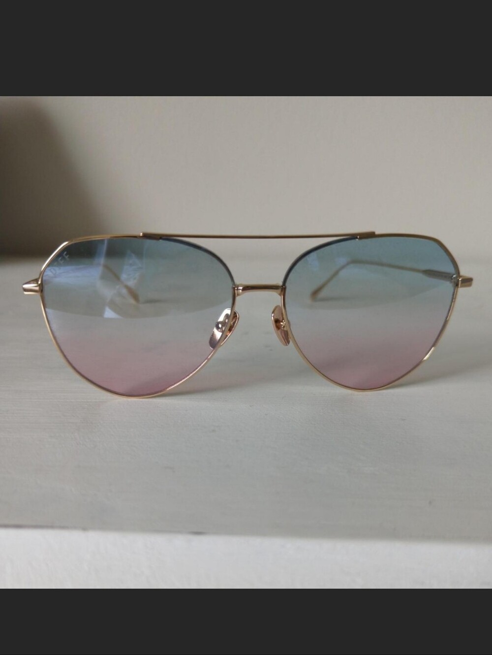 Diff Eyewear Gold Frame Aviator Sunglasses with Pink and Blue Gradient Lenses - Picture 3 of 5